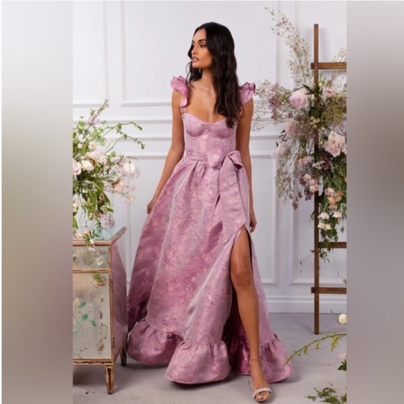 v chapman veronica corset ruffle side slit dress The Veronica Dress in Taupe Windsor Brocade 8 / Taupe Windsor Brocade